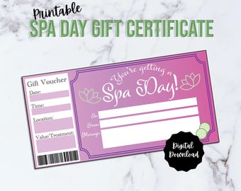 Vale de regalo imprimible para un día de spa, certificado de regalo para un día de spa, vale de regalo en PDF editable para el Día de la Madre, cumpleaños o San Valentín.