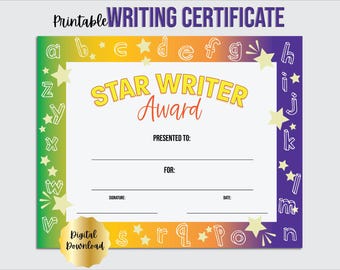 Certificado de reconocimiento al escritor estrella, imprimible para el aula (PDF editable)