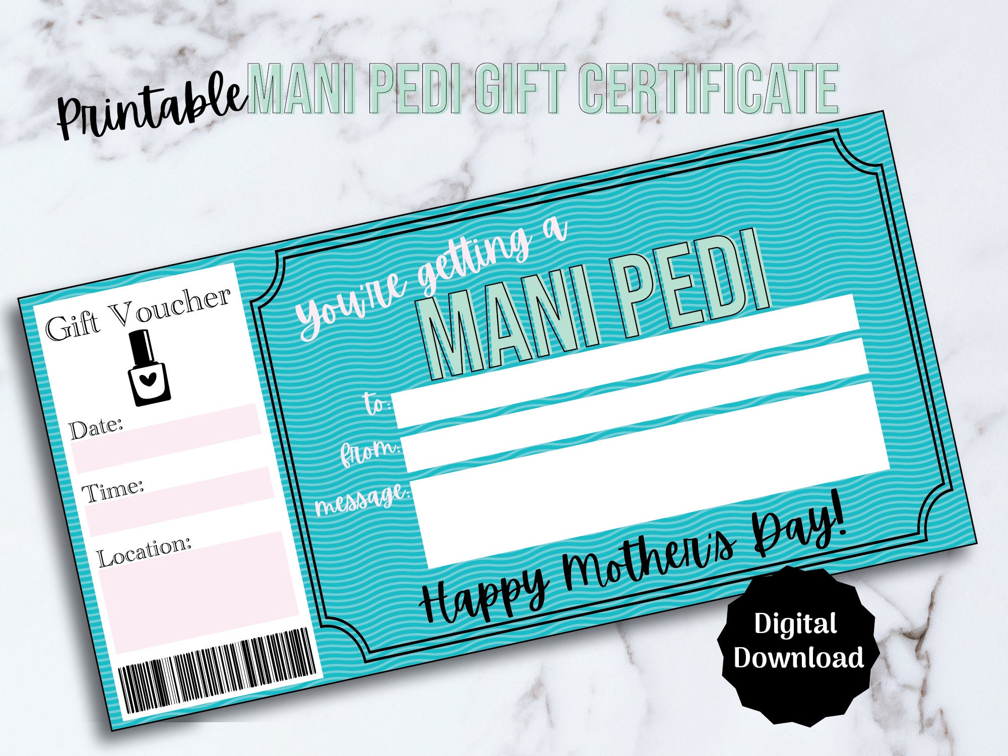 Mani Pedi Mother's Day Gift Certificate Printable, Nail Salon Gift ...
