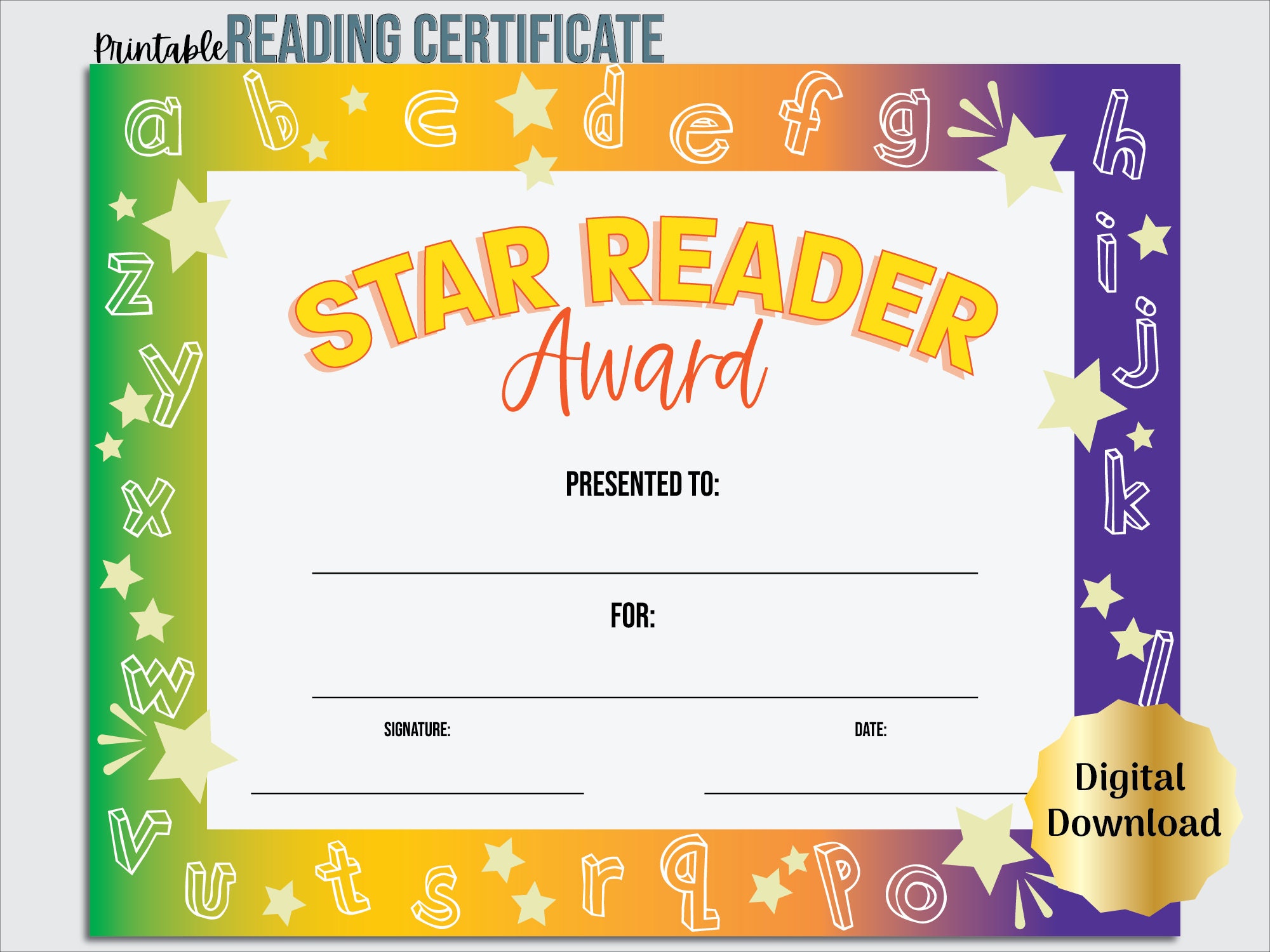 Reading Certificate, Star Reader Award of Recognition, Classroom Award, End of the Year Award