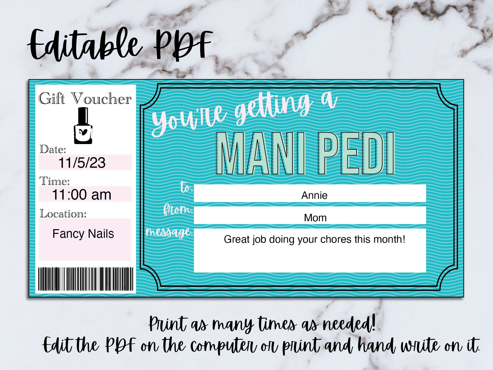 Mani Pedi Gift Certificate Voucher Printable Nail Salon Gift