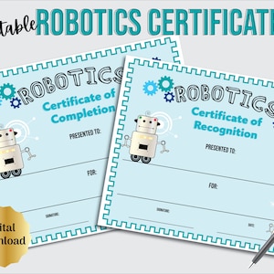 Robotics Certificate of Completion and Robotics Certificate of Recognition Printable, Robotics Awards for Students