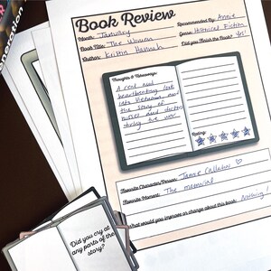 May include: A book review worksheet featuring a cartoon open book. The worksheet includes sections for book title, author, month read, genre, rating, thoughts and takeaways, favourite character, favourite moment, and suggestions for improvement. The reviewer has completed the worksheet with their thoughts on the book "The Women" by Kristin Hannah.