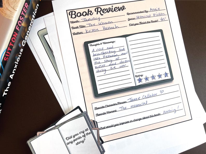 May include: A book review worksheet featuring a cartoon open book. The worksheet includes sections for book title, author, month read, genre, rating, thoughts and takeaways, favourite character, favourite moment, and suggestions for improvement. The reviewer has completed the worksheet with their thoughts on the book "The Women" by Kristin Hannah.