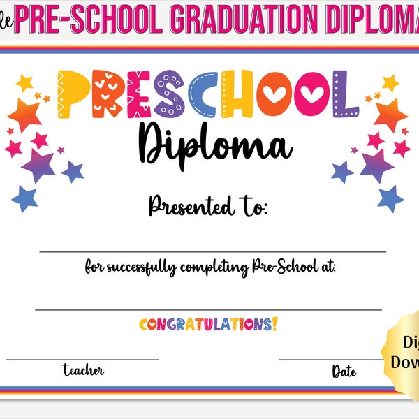 PreSchool Graduation Diploma Certificate Printable, Preschool Graduate, Template Includes Editable PDF