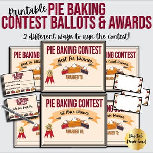 Certificados de premiação do concurso de confeitaria de tortas, cédulas de votação e cartões de mesa para o concurso de confeitaria de tortas, concurso de confeitaria de feriados, dia do Pi, download digital para impressão
