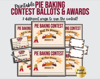 Certificados de premios, papeletas de votación y tarjetas de mesa para el concurso de repostería de tartas, concurso de repostería navideña, Día de Pi. Descarga digital imprimible.