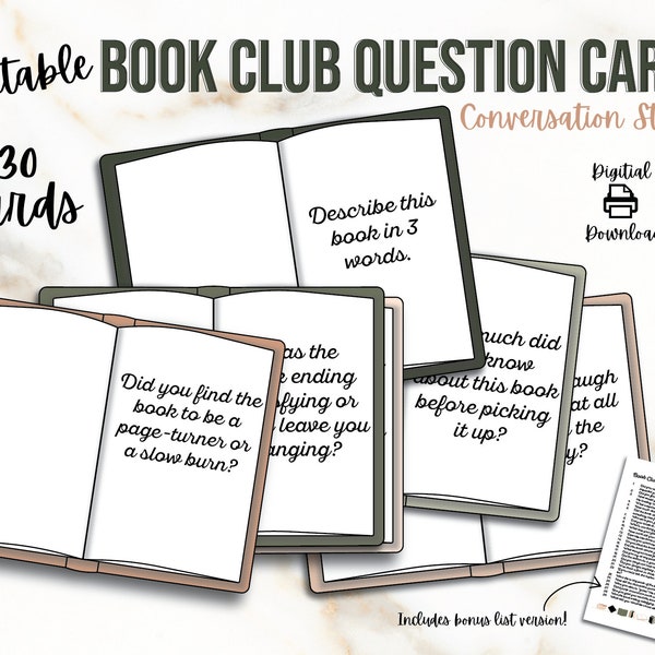 Book Club Question Cards Printable, Book Club Conversation Starters, Book Club Discussion for Fiction or Nonfiction