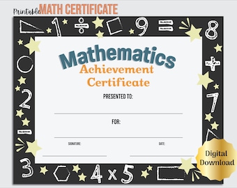 Certificado de Matemáticas Premio de Reconocimiento, PDF Editable Descarga Digital Premio Aula de Matemáticas, Premio de Fin de Año