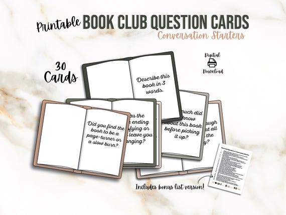Book Club Question Cards Printable, Book Club Conversation Starters, Book Club Discussion for Fiction or Nonfiction