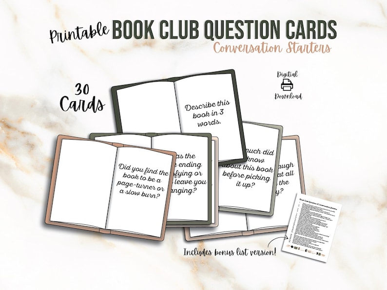 Puede incluir: Cartas de preguntas de club de lectura imprimibles con 30 iniciadores de conversaci&oacute;n. Las tarjetas est&aacute;n dise&ntilde;adas para parecer libros abiertos con diferentes preguntas impresas en cada tarjeta. El texto en las tarjetas incluye preguntas como "&iquest;Encontraste que el libro fuera un page-turner o un slow burn?" y "Describe este libro en 3 palabras."