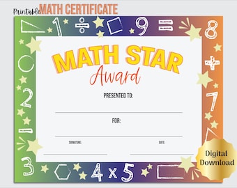 Math Star Certificate, Math Star Award of Recognition, Classroom Award, End of the Year Award, Math Star of the Month