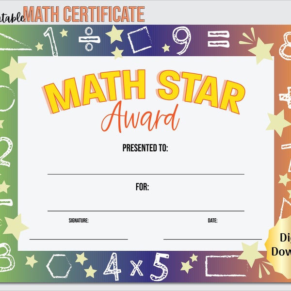 Math Star Certificate, Math Star Award of Recognition, Classroom Award, End of the Year Award, Math Star of the Month