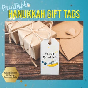 Modèle imprimable d'étiquette-cadeau de Hanoucca pour des cadeaux de vacances ; Cartes de dernière minute pour un joyeux Hanoukka, à télécharger et à imprimer depuis chez vous
