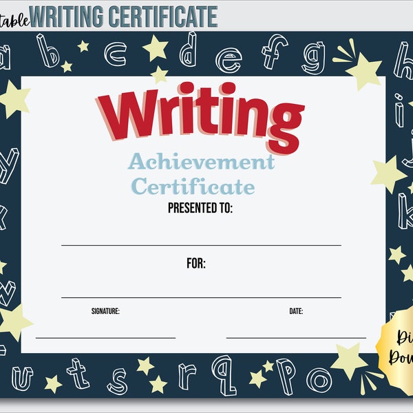 Writing Certificate Printable Template, Writer Achievement Certificate, Award of Recognition, Writer of the Month, Editable PDF