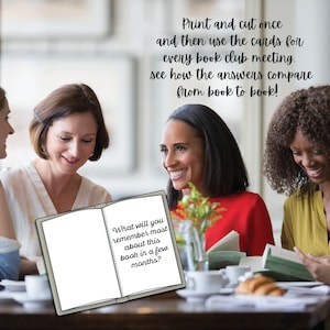 Puede incluir: Cuatro mujeres est&aacute;n sentadas alrededor de una mesa, leyendo libros y discutiendo sus pensamientos. Una tarjeta de club de lectura con la pregunta "&iquest;Qu&eacute; recordar&aacute;s m&aacute;s de este libro en unos meses?" est&aacute; sobre la mesa.