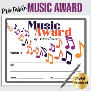 Music Award Certificate Printable for Music Teacher or Music Contest, Music Award Template Includes Editable PDF