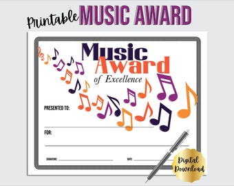 Certificado de Premio Musical Imprimible – Plantilla de Premio al Logro Musical Estudiantil / Certificado de Reconocimiento para Coros y Bandas