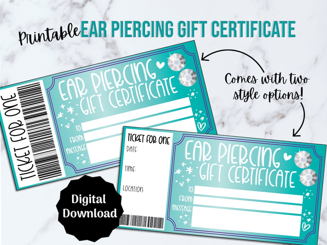Printable Ear Piercing Gift Certificate Voucher Ears Pierced Etsy UK