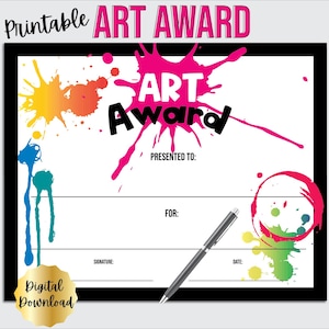 Art Award Certificate Printable, Art Class or Student Art Exhibit, Editable PDF Digital Download, Art Teacher Award Template
