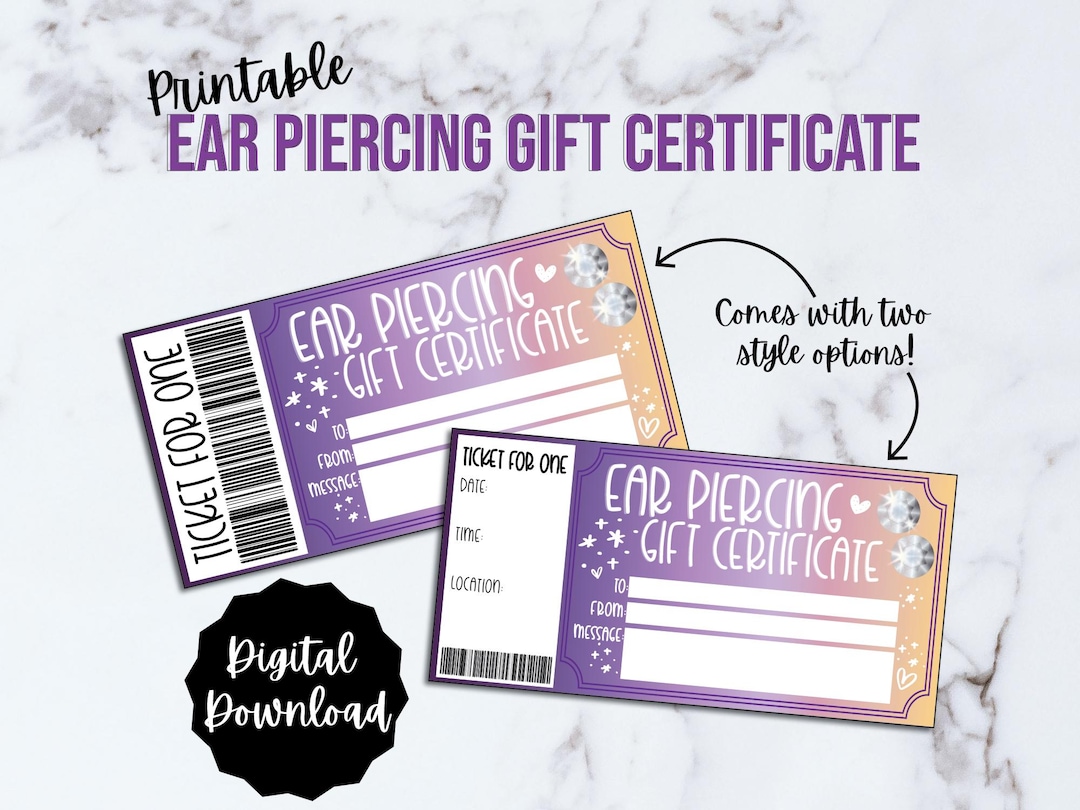 Ear Piercing Gift Certificate Voucher Printable, Ears Pierced Gift Certificate, Editable PDF Gift Voucher, Birthday or Holiday Surprise - Etsy for Free Printable Ear Piercing Certificate
