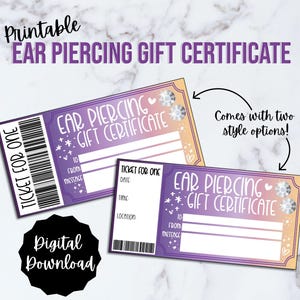 Ear Piercing Gift Certificate Voucher Printable, Ears Pierced Gift Certificate, Editable PDF Gift Voucher, Birthday or Holiday Surprise