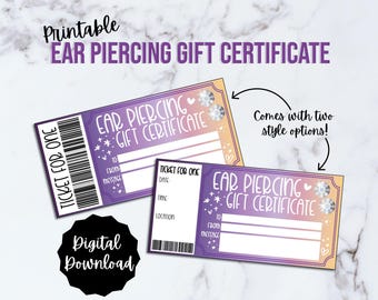 Vale de regalo imprimible para perforación de orejas, certificado de regalo para orejas perforadas, vale de regalo en PDF editable, sorpresa de cumpleaños o de Navidad