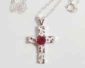 Einzigartige rot Granatschmuck, Kreuz Anhänger Halskette mit roten Granat Edelstein, OOAK-Schmuck, 925 Sterling Silber, Januar Birthstone