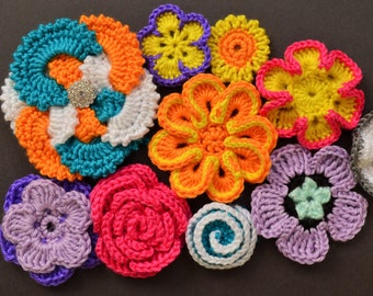 Crohet Pattern - 10 colorful crochet flower patterns, crochet flower applique - instand pdf download