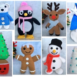 8 modelli di amigurumi natalizi invernali. Pupazzo di neve all&#39;uncinetto, renna Rudolph, omino di pan di zenzero, gnomo, pinguino, orso polare, albero di Natale