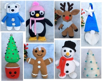 8 Winter Christmas Amigurumi Patterns. Crochet Snowman, Rudolph Reindeer, Gingerbread Man, Gnome, Penguin, Polar Bear, Christmas Tree