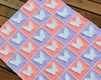 CROCHET PATTERN - pink and purple crochet butterfly blanket pattern, butterfly afghan pattern, baby blanket pattern - Instand PDF Download