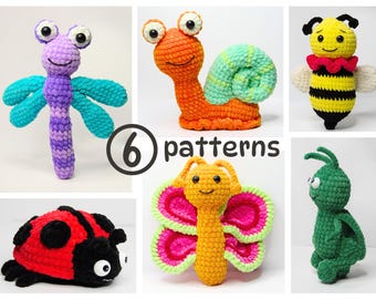May include: Six crochet patterns for making plush animal toys. The patterns include a dragonfly, snail, bee, butterfly, ladybug, and a worm. The toys are made with colorful yarn and have big, friendly eyes.