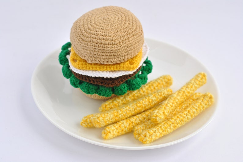 Crochet hamburger pattern, crochet french fries pattern