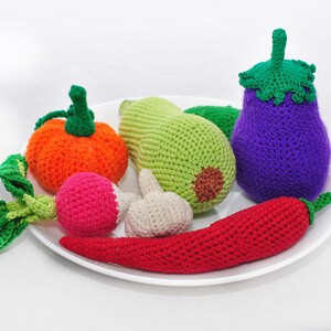 Crochet eggplant pattern, crochet zucchini pattern, crochet radish pattern, crochet chili pepper, crochet garlic pattern, crochet pumpkin pattern