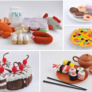 Crochet pizza pattern, crochet cookies pattern, crochet cake pattern, crochet food patterns, crochet sushi pattern