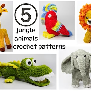 5 easy amigurumi jungle animals crochet patterns. Crochet elephant, crocodile, giraffe, lion and parrot. Easy beginner crochet patterns