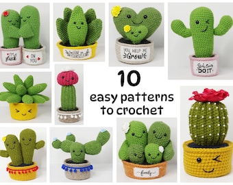 May include: Ten crochet cactus patterns with different designs and colors. The cacti are in pots with various sayings and designs. The text on the image reads "10 easy patterns to crochet".