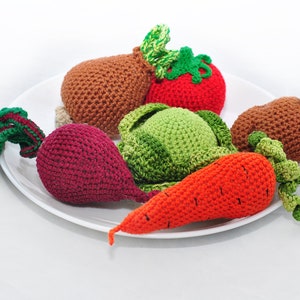 Crochet vegetables pattern, crochet carrot pattern, crochet potatoes pattern, crochet beet pattern, crochet onion pattern, crochet tomato pattern, crochet cabbage pattern