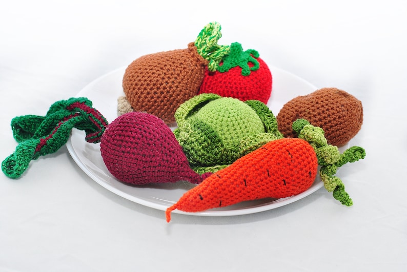 Crochet vegetables pattern, crochet carrot pattern, crochet potatoes pattern, crochet beet pattern, crochet onion pattern, crochet tomato pattern, crochet cabbage pattern