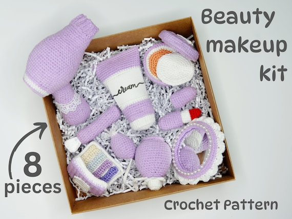 Crochet Toys Pattern of Beauty Makeup Kit. Amigurumi Pattern. Crochet Kids Toy. Crochet Cream, Lipstick, Eyeshadow. Low Sew Crochet.