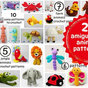 May include: A collection of 28 amigurumi animal crochet patterns. The patterns include a variety of animals, such as a starfish, a crab, a turtle, a giraffe, a lion, a parrot, an elephant, a ladybug, a butterfly, and a grasshopper. The patterns are easy to follow and perfect for beginners.