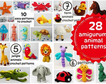 May include: A collection of 28 amigurumi animal crochet patterns. The patterns include a variety of animals, such as a starfish, a crab, a turtle, a giraffe, a lion, a parrot, an elephant, a ladybug, a butterfly, and a grasshopper. The patterns are easy to follow and perfect for beginners.