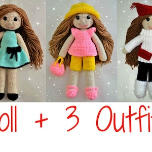 May include: A crocheted doll with long brown hair and three different outfits. The doll is wearing a light blue dress with a black bow, a pink shirt and yellow shorts, and a white sweater with black pants and a red hat.