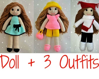 Crochet doll pattern plus crochet doll clothes pattern, amigurumi girl pattern, crochet girl amigurumi, crochet doll clothes, crochet toys