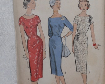 Robe fourreau à motif Advance 8617, coupe ajustée, taille 12, poitrine 32, vintage des années 50