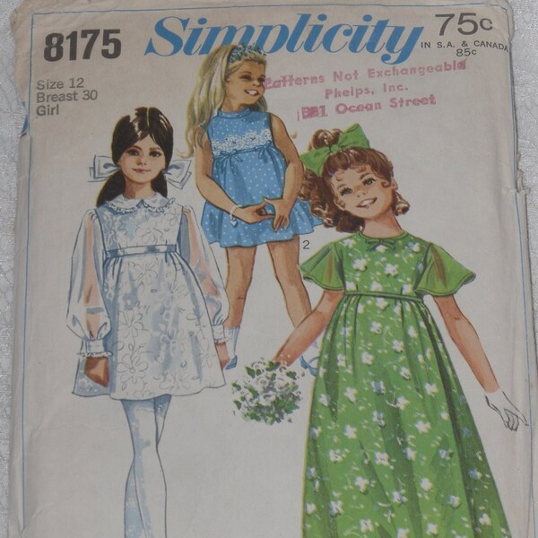 Simplicity 8175 Pattern Girls Dress in 2 Lengths Size 12 Wedding Flowergirl Holiday Party