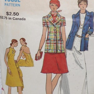May include: Vintage Vogue Pattern featuring illustrations of women's clothing designs. The designs include a plaid jacket and skirt, a blue blazer, and a yellow dress. The pattern's text includes the Vogue logo and the price.