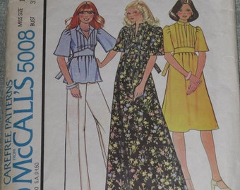 McCall's 5008 Pattern Misses' Dress, Top & Pants Size 10 Vintage 1970's