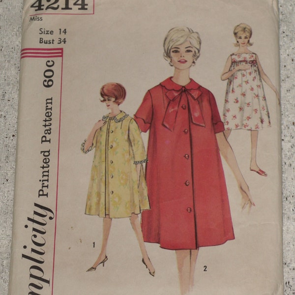 Simplicity 4214 Pattern Misses' Nightgown & Robe Size 14 Bust 34 Vintage 1960's Loungewear Lounge Coat Dress